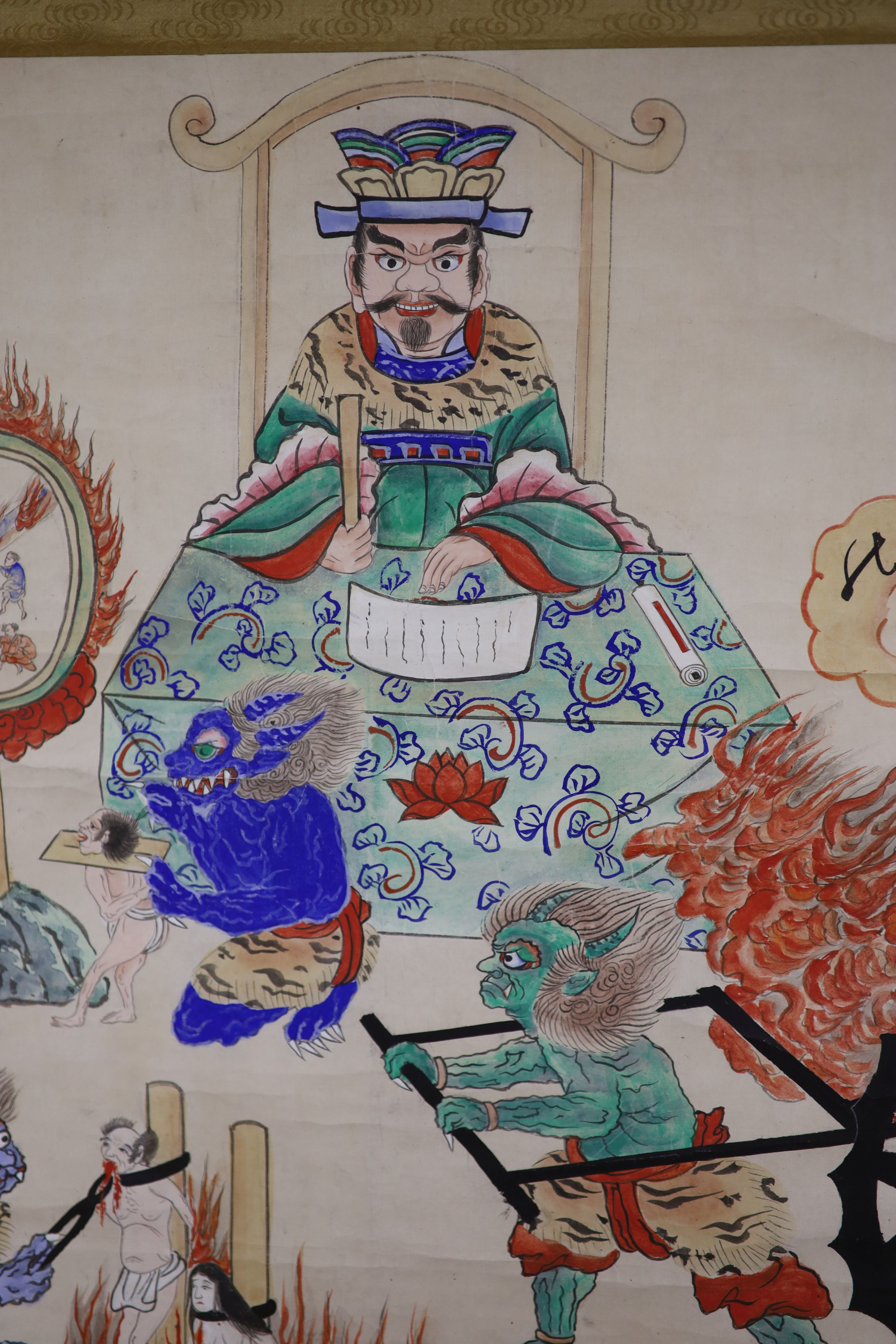 Chinese School, watercolour on paper scroll painting, Humans being tortured by demons, 130 x 68cm